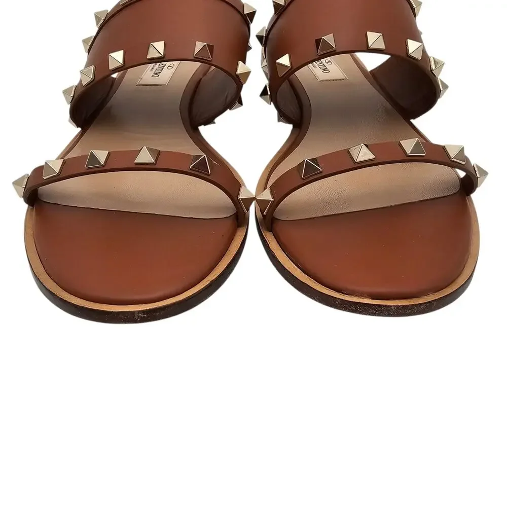 Valentino Garavani Rockstud Brown Leather Flat Sandal Strap Slide Gold Size 38 8